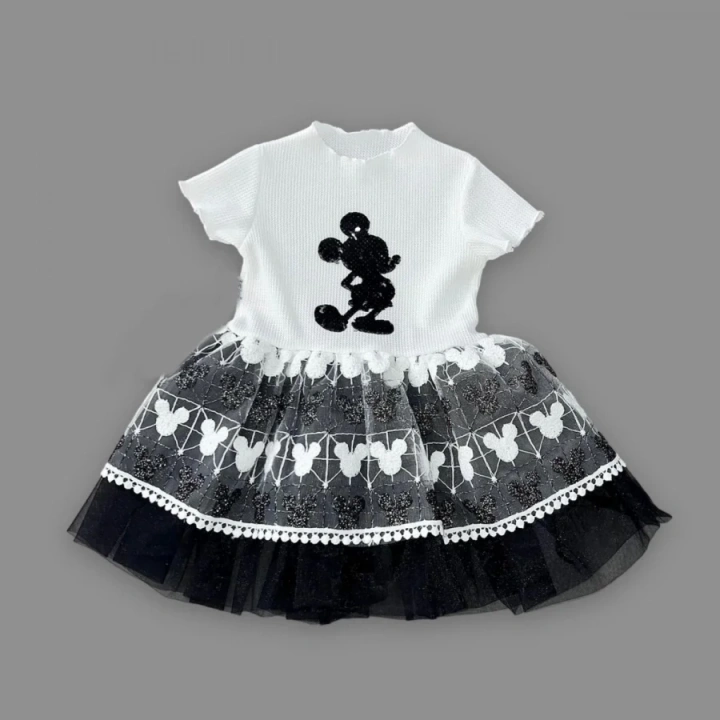 1-2-3 Yaş Payetli Mickey Baskılı Brode Etekli Kız Bebek Elbisesi Siyah