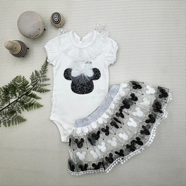 1-2-3 Yaş Payetli Mickey Nakışlı Kısa Kollu Brode Etekli 2li Kız Bebek Takımı Siyah