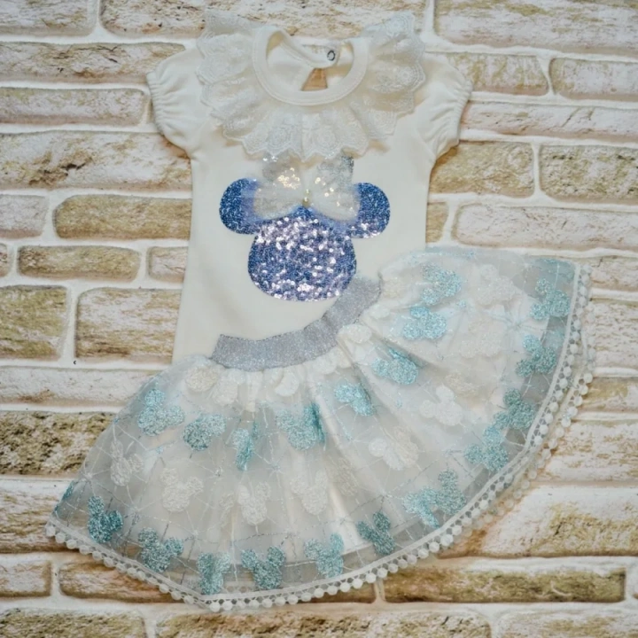 1-2-3 Yaş Payetli Mickey Nakışlı Kısa Kollu Brode Etekli 2li Kız Bebek Takımı Turkuaz