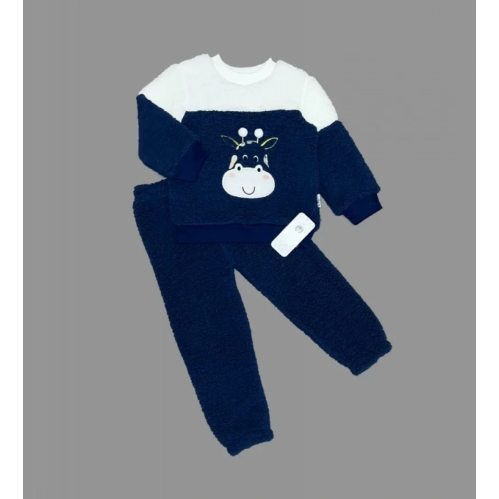 1-2-3 Yaş Ponponlu Zürafa Desenli Kuzu Kumaş Uzun Kollu 2li Kız Erkek Çocuk Takımı Lacivert