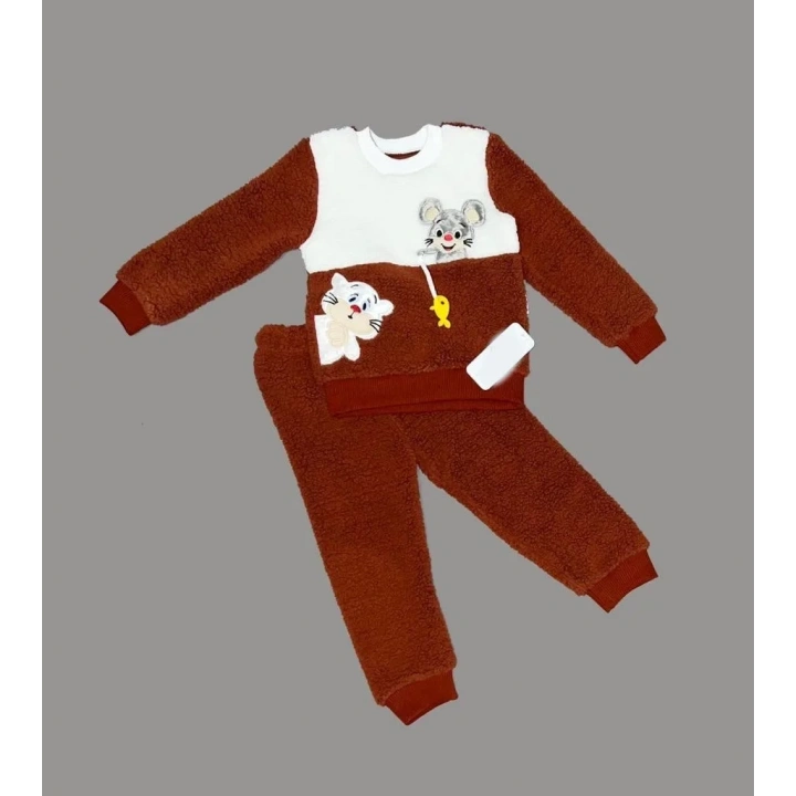 1-2-3 Yaş Sallanan Balık Nakışlı Kuzu Kumaş Sweat Pantolon Uzun Kollu Kız Erkek 2 Li Takımı Kahverengi