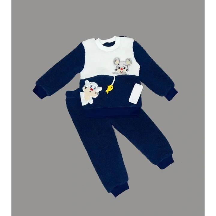 1-2-3 Yaş Sallanan Balık Nakışlı Kuzu Kumaş Sweat Pantolon Uzun Kollu Kız Erkek 2 Li Takımı Lacivert