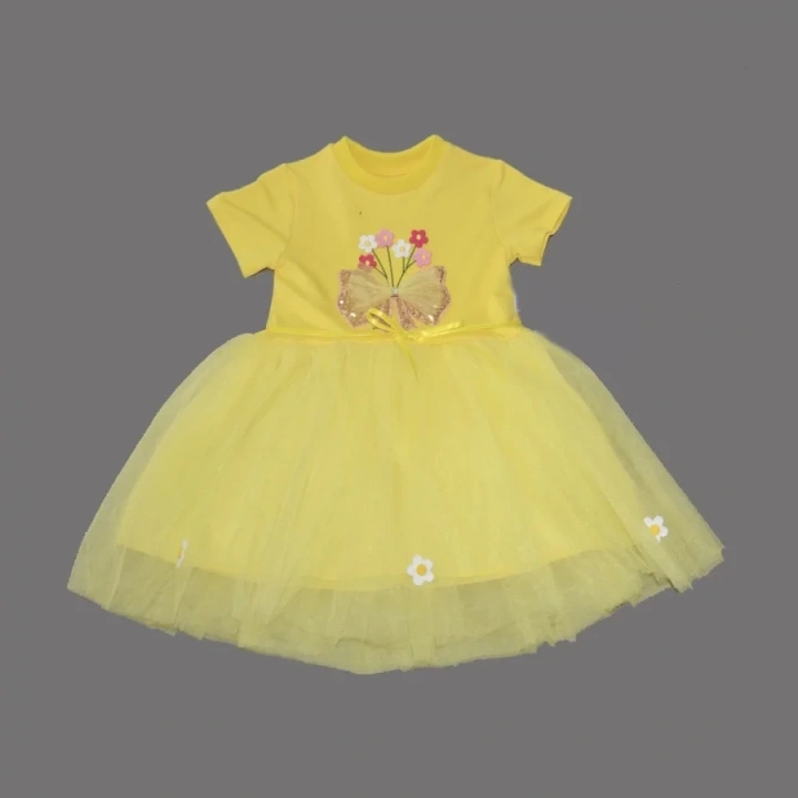 1-2-3 Yaş Tül Fiyonk Çiçekler Nakışlı Astarlı Kız Bebek Tütü Elbisesi Sarı