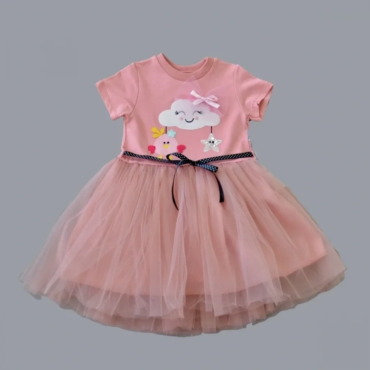 1-2-3 Yaş Tül Tokalı Bulut Civciv Ve Yıldız Nakışlı Kız Bebek Elbisesi Gül Kurusu