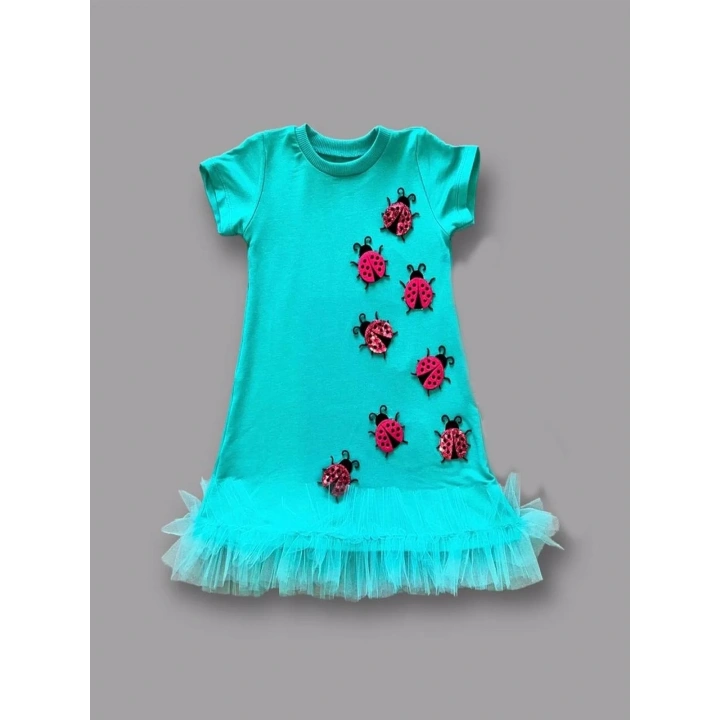 1-2-3 Yaş Uğur Böceği Nakışlı Fırfır Uçlu Kız Çocuk Jile Elbisesi Turkuaz