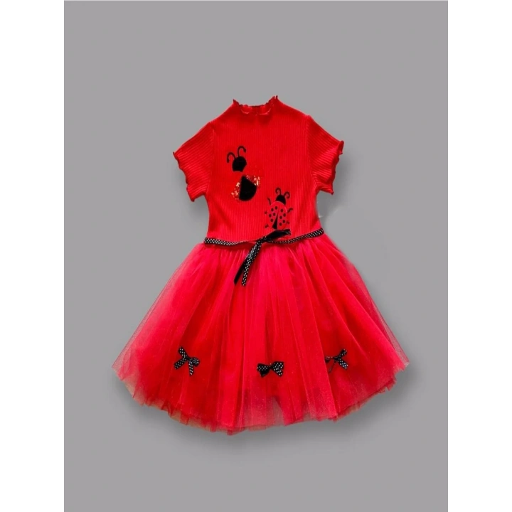 1-2-3 Yaş Uğur Böceği Nakışlı Kurdela Kuşak Kız Çocuk Elbisesi Kırmızı