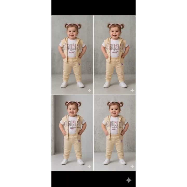 1/4 Yaş Girl Baskılı Yelekli 3lü Çocuk Takımı