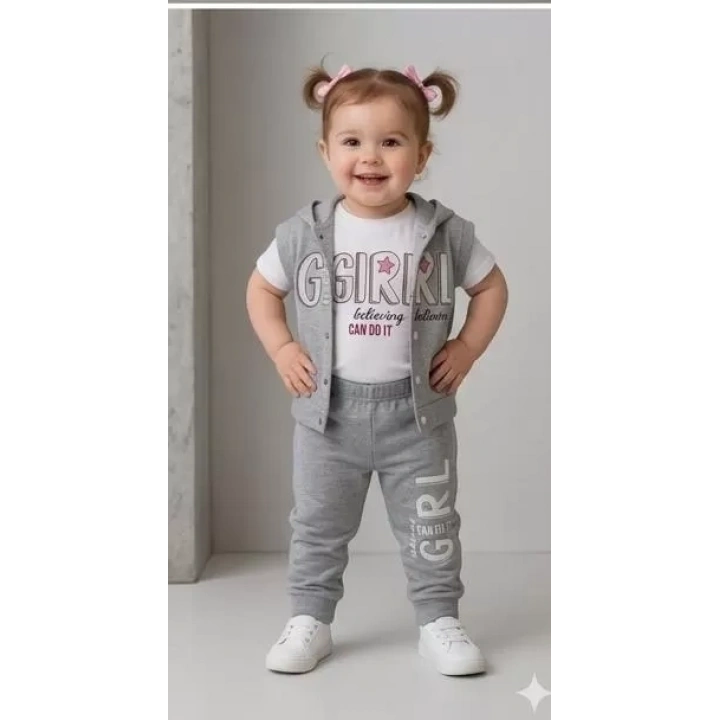 1/4 Yaş Girl Baskılı Yelekli 3lü Çocuk Takımı