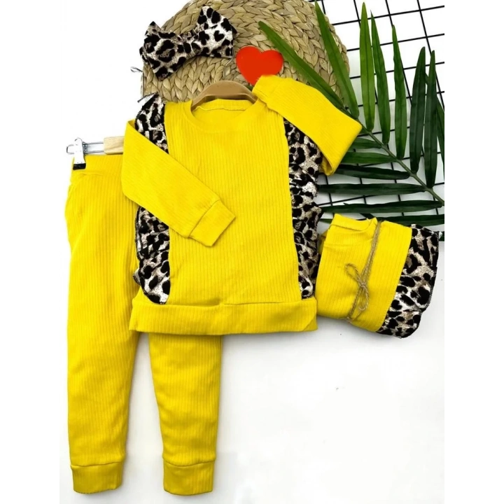 2-3-4-5 Yaş Bandanalı Leopar Baskılı Uzun Kollu 2li Kız Çocuk Takımı Sarı