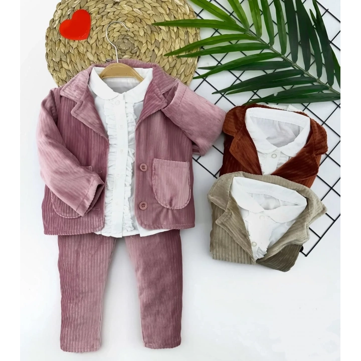 2-3-4-5 Yaş Düğme Kapamalı Fırfır Gömlekli Kadife Ceket Pantolon 3lü Kız Bebek Takımı Kahverengi