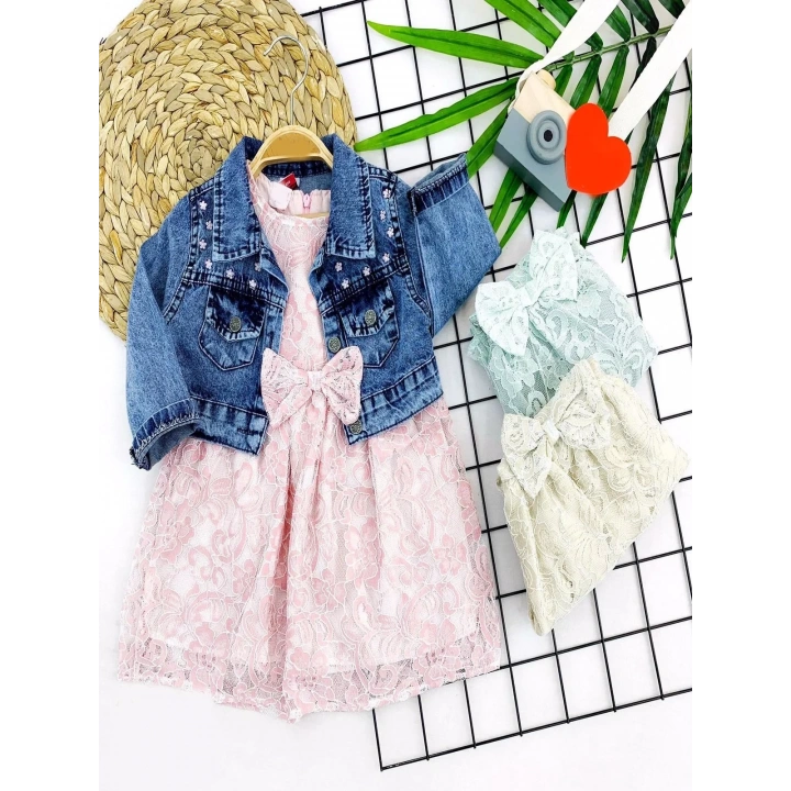 2-3-4-5 Yaş Kot Ceketli Astarlı Güpürlü 2li Kız Çocuk Elbisesi Pembe