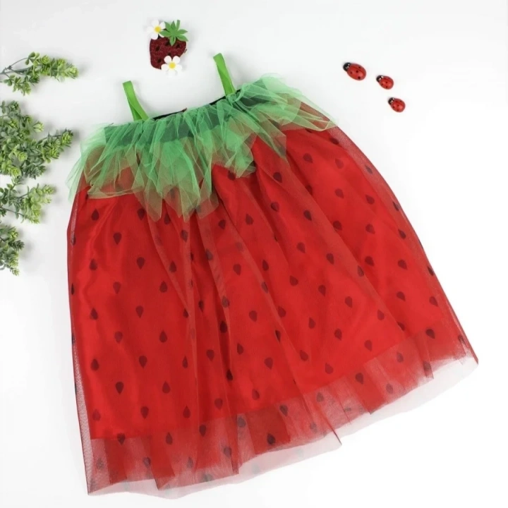 2-3-4 Yaş Askılı Çilek Kostüm Kız Çocuk Elbise Kırmızı