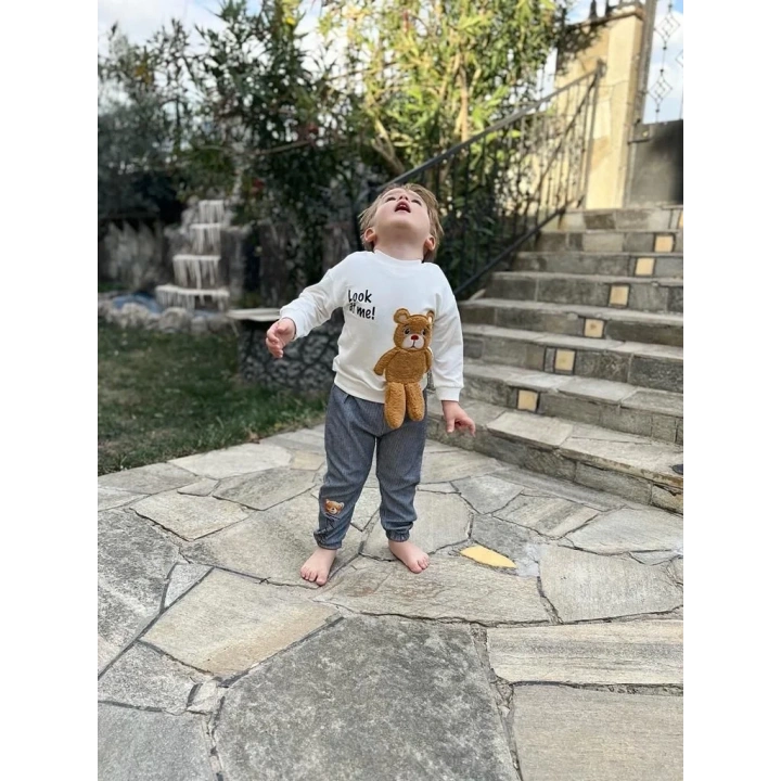 2-3-4 Yaş Ayıcık Sallanan Ayak Desenli Likra Penye Kumaş Sweat Pantolonlu Kız Erkek 2li Çocuk Takımı İndigo