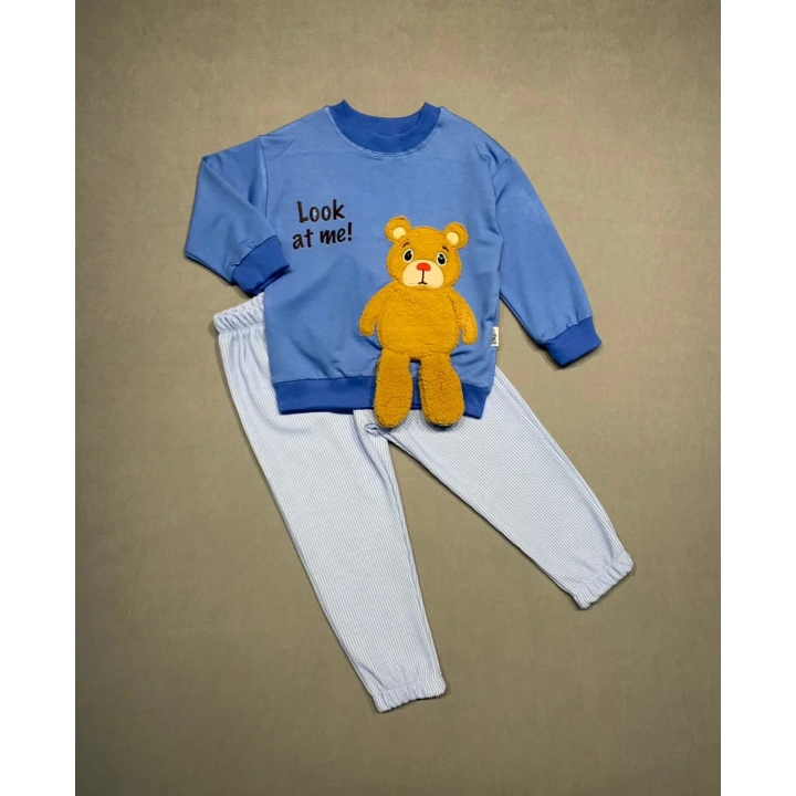 2-3-4 Yaş Ayıcık Sallanan Ayak Desenli Likra Penye Kumaş Sweat Pantolonlu Kız Erkek 2li Çocuk Takımı İndigo