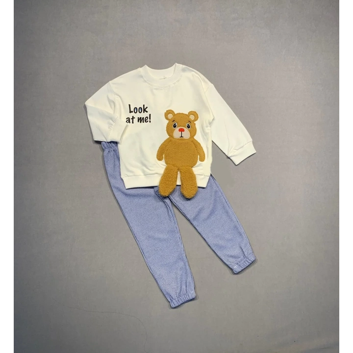 2-3-4 Yaş Ayıcık Sallanan Ayak Desenli Likra Penye Kumaş Sweat Pantolonlu Kız Erkek 2li Çocuk Takımı Ekru