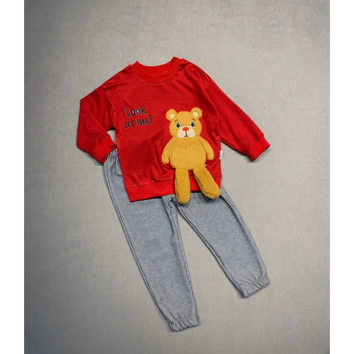 2-3-4 Yaş Ayıcık Sallanan Ayak Desenli Likra Penye Kumaş Sweat Pantolonlu Kız Erkek 2li Çocuk Takımı Kırmızı