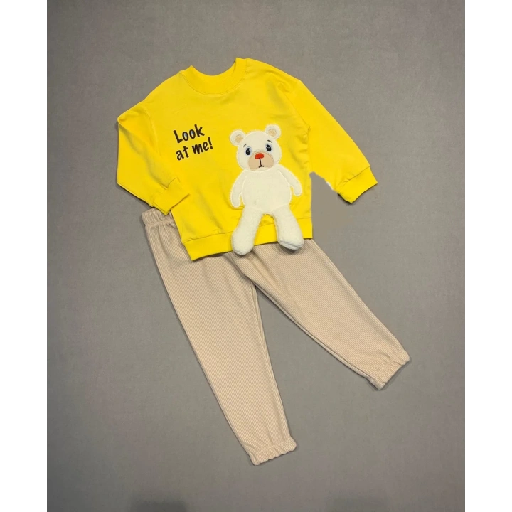 2-3-4 Yaş Ayıcık Sallanan Ayak Desenli Likra Penye Kumaş Sweat Pantolonlu Kız Erkek 2li Çocuk Takımı Sarı