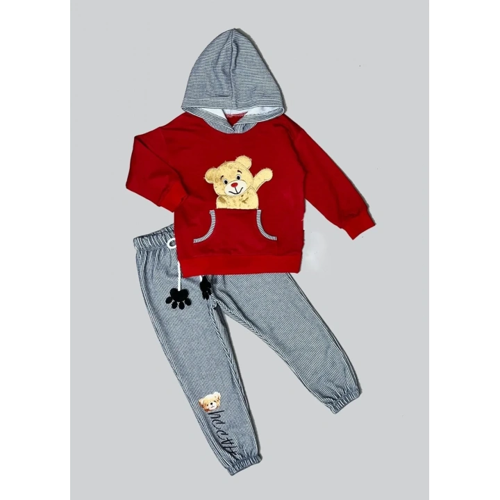 2-3-4 Yaş Pelüş Ayı Desenli Kapşonlu Uzun Kollu Penye Sweat 2li Erkek Çocuk Takımı Bordo
