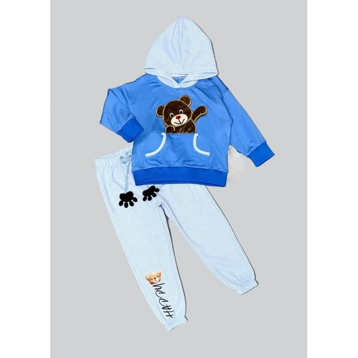 2-3-4 Yaş Pelüş Ayı Desenli Kapşonlu Uzun Kollu Penye Sweat 2li Erkek Çocuk Takımı İndigo