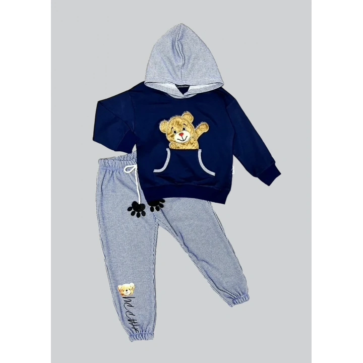 2-3-4 Yaş Pelüş Ayı Desenli Kapşonlu Uzun Kollu Penye Sweat 2li Erkek Çocuk Takımı Lacivert