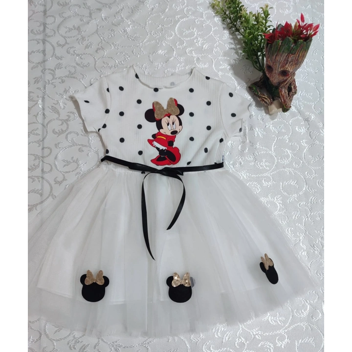 2-3-4 Yaş Puantiyeli Mickey Baskılı Kurdela Kuşaklı Astarlı Kız Bebek Tütü Elbisesi Beyaz