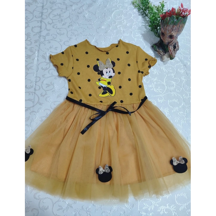 2-3-4 Yaş Puantiyeli Mickey Baskılı Kurdela Kuşaklı Astarlı Kız Bebek Tütü Elbisesi Hardal