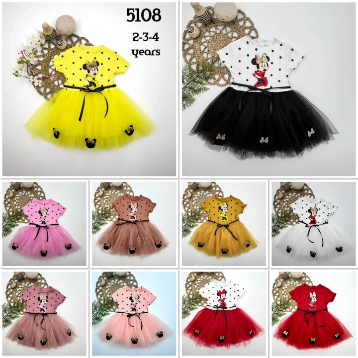 2-3-4 Yaş Puantiyeli Mickey Baskılı Kurdela Kuşaklı Astarlı Kız Bebek Tütü Elbisesi Kahverengi