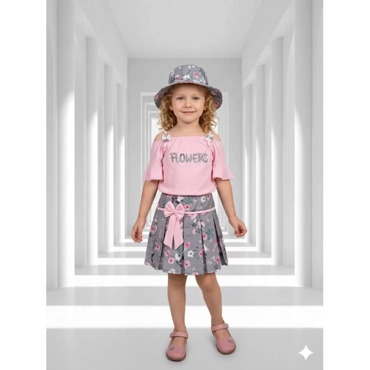 2/5 Yaş Şapkalı Çiçek Baskılı Etekli Çocuk Takımı