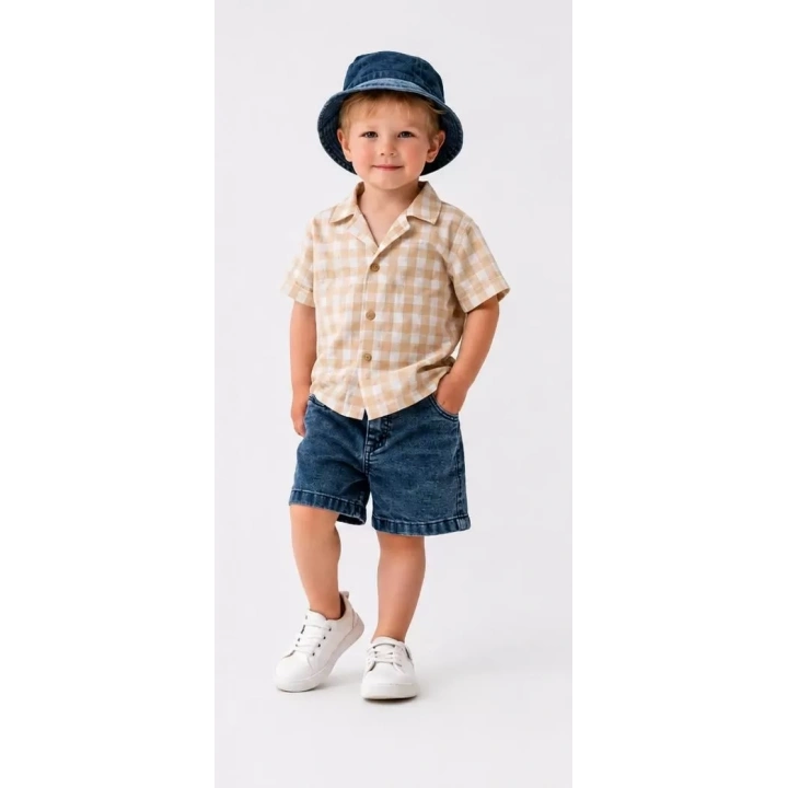 2/6 Yaş Denim Şapkalı Şortlu 3lü Çocuk Takımı