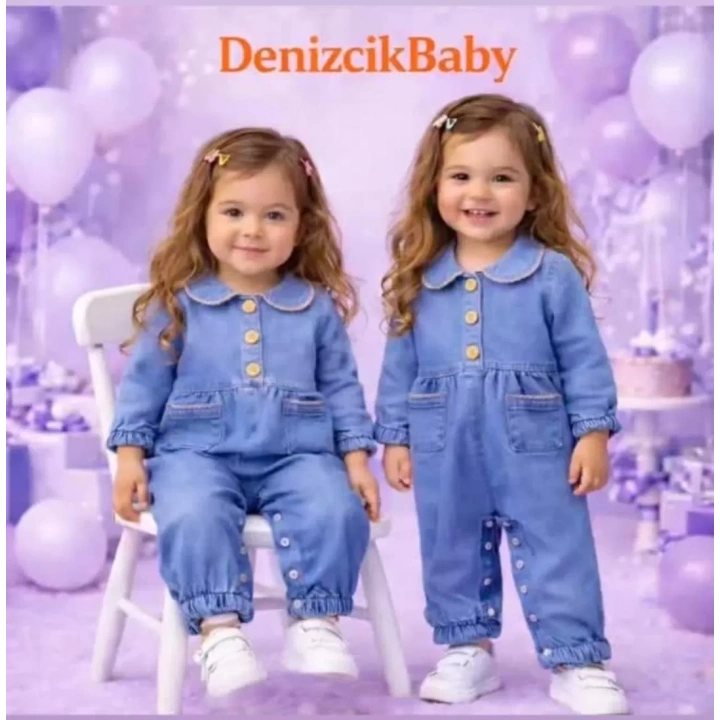3-12 Ay Düğme Detaylı Kot Bebek Tulumu