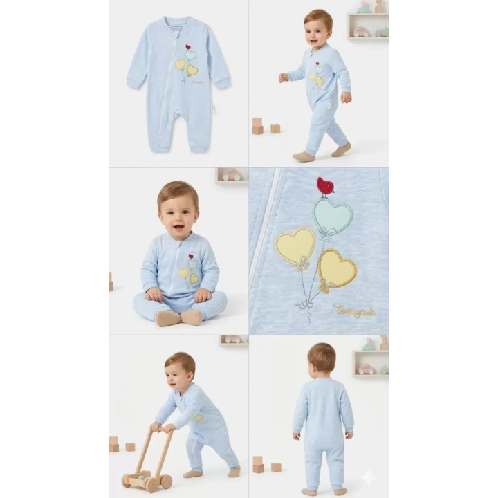 3/12 Ay Kalp Balonlar Nakışlı Bebek Tulumu