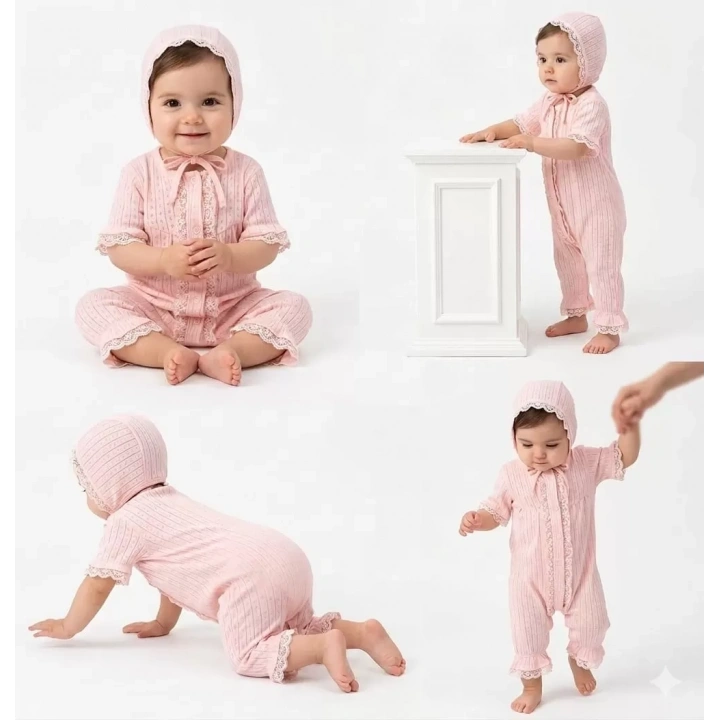 3/12 Ay Şapkalı Dantelli Jakar Kumaş Bebek Tulumu
