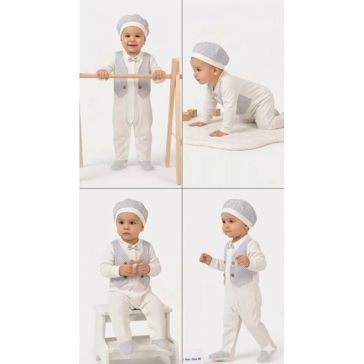 3/12 Ay Şapkalı Sahte Yelekli Bebek Tulumu