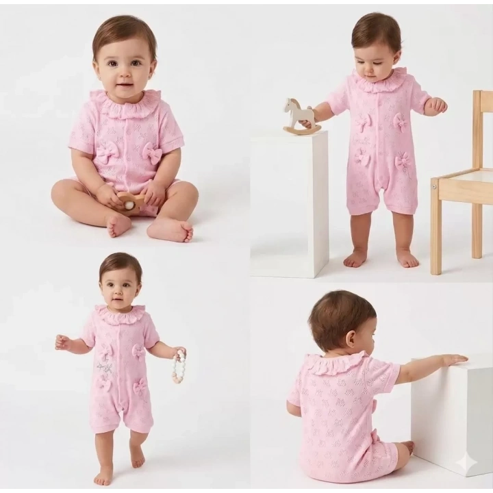 3/12 Ay Yakalı Fiyonklu Jakar Kumaş Bebek Tulumu