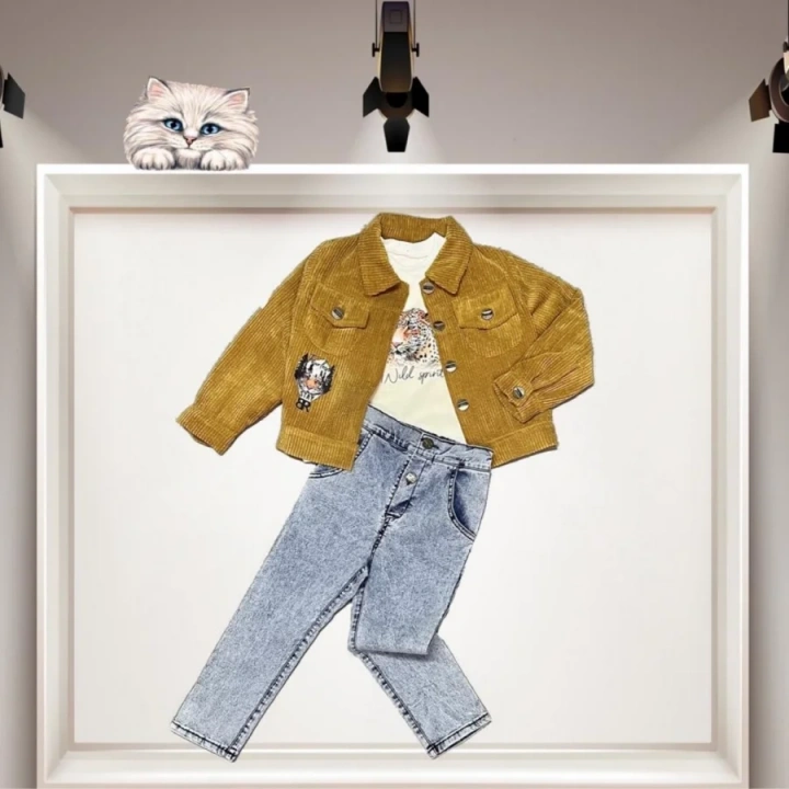 3-4-5 Yaş Fitilli Kadife Ceket Kot Pantolonlu 3lü Kız Erkek Çocuk Takımı Hardal