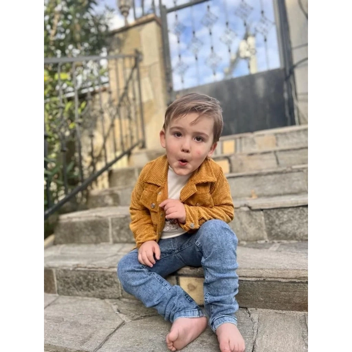 3-4-5 Yaş Fitilli Kadife Ceket Kot Pantolonlu 3lü Kız Erkek Çocuk Takımı Kiremit