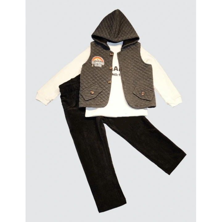 3-4-5 Yaş Fitilli Kadife Pantolon Kapitone Kapşonlu Yelek Uzun Kollu Sweat 3lü Erkek Çocuk Takımı Füme