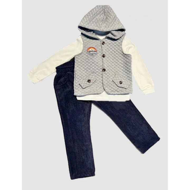 3-4-5 Yaş Fitilli Kadife Pantolon Kapitone Kapşonlu Yelek Uzun Kollu Sweat 3lü Erkek Çocuk Takımı Gri