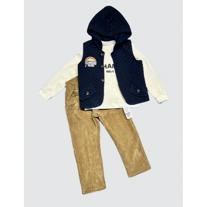 3-4-5 Yaş Fitilli Kadife Pantolon Kapitone Kapşonlu Yelek Uzun Kollu Sweat 3lü Erkek Çocuk Takımı Lacivert
