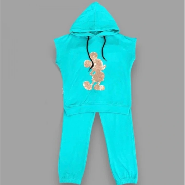 3-4-5 Yaş Kapşonlu Payetli Mickey Desenli Kısa Kol 2li Kız Erkek Çocuk Takımı Turkuaz