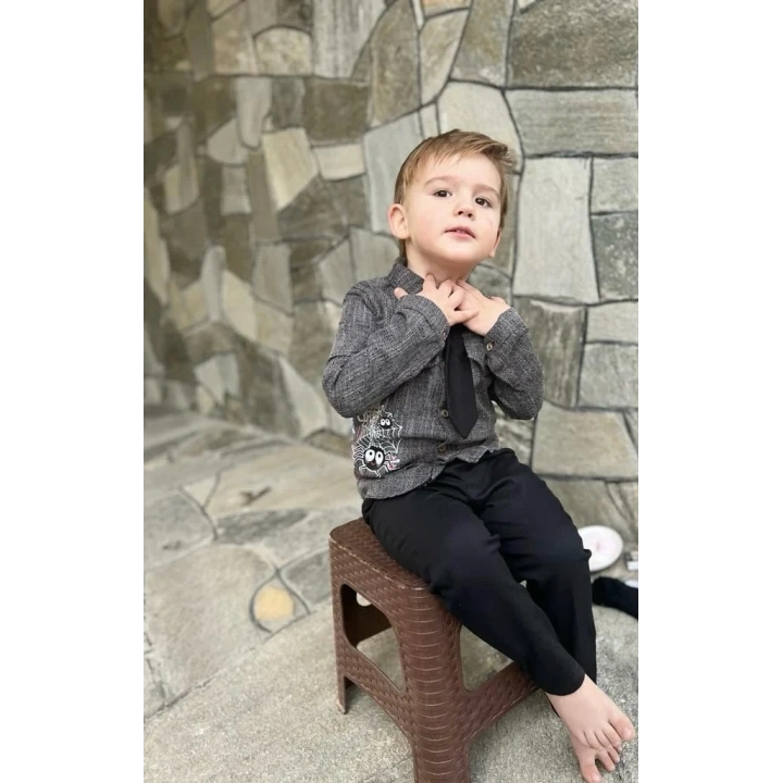 3-4-5 Yaş Kravatlı Keten Gömlek Gabardin Pantolon Uzun Kollu 3lü Erkek Çocuk Takımı Kahverengi