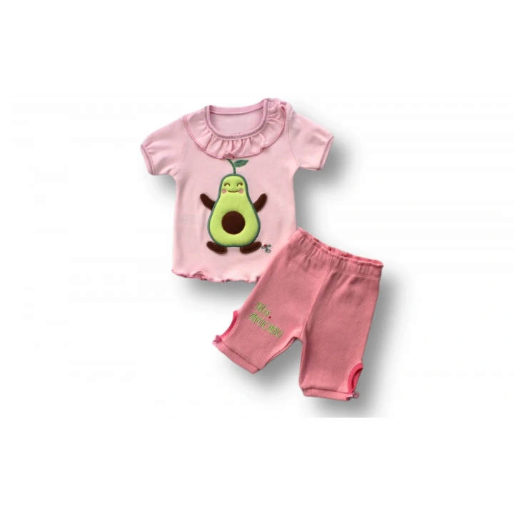 3-6 6-9 9-12 12-18 Ay Avokado Nakışlı Kısa Kollu Sweatli Şortlu 2li Kız-erkek Bebek Takımı Pembe