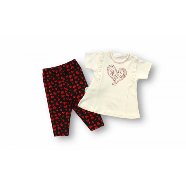 3-6 6-9 9-12 12-18 Ay Kalp Baskılı Uzun Kollu Sweatli 2li Kız Bebek Takımı Ekru