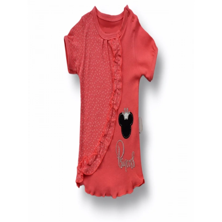 3-6 6-9 9-12 12-18 Ay Princess Taçlı Mickey Nakışlı Şort Tişört 3lü Kız Bebek Takımı Nar Çiçeği