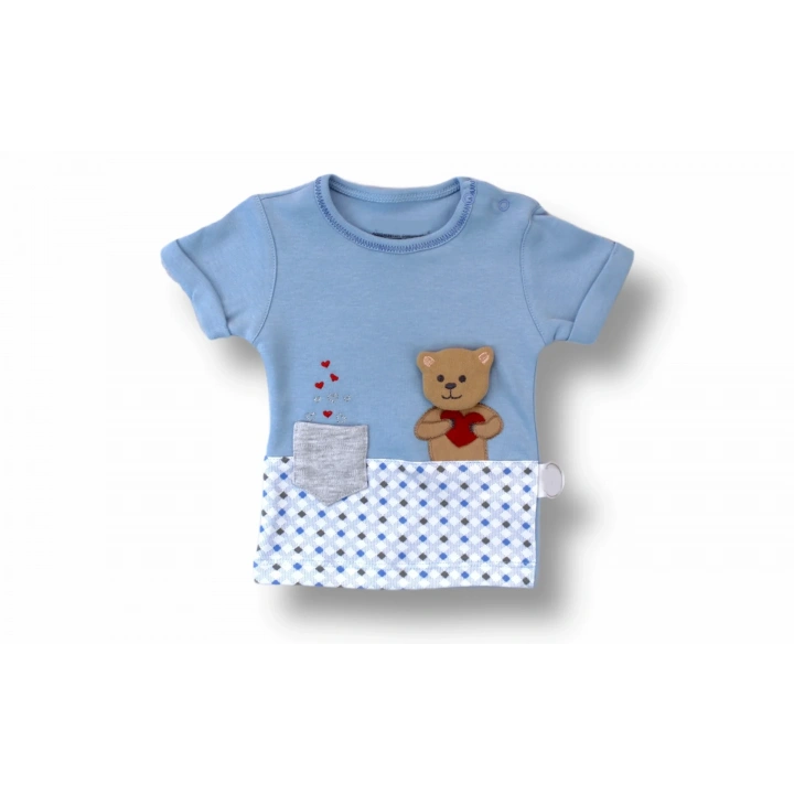 3-6 6-9 9-12 12-18 Ay Romantik Ayıcık Nakışlı Bandajlı Kısa Kollu Sweatli 3lü Kız-erkek Bebek Takımı Mavi