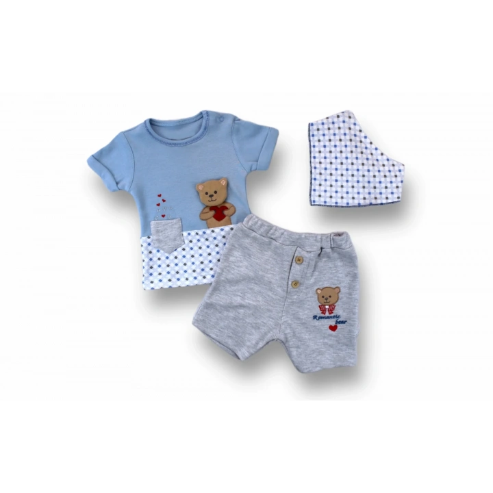 3-6 6-9 9-12 12-18 Ay Romantik Ayıcık Nakışlı Bandajlı Kısa Kollu Sweatli 3lü Kız-erkek Bebek Takımı Mavi