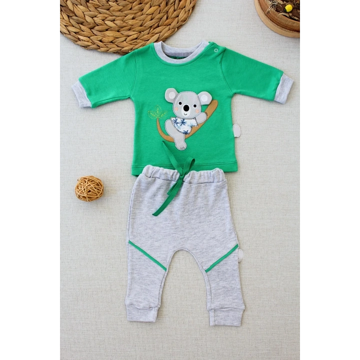 3-6 6-9 9-12 12-18 Ay Yavru Koala Nakışlı Uzun Kollu Sweat 2li Kız Erkek Bebek Takımı Yeşil