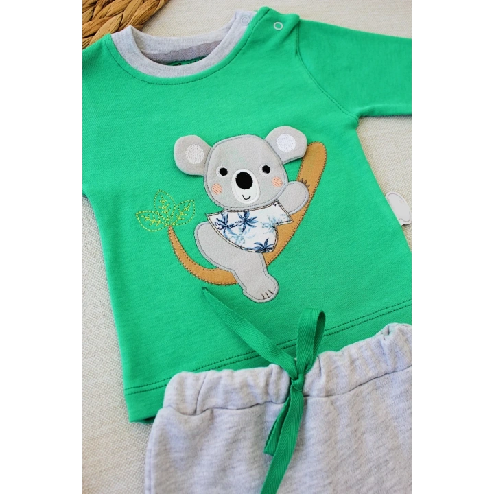 3-6 6-9 9-12 12-18 Ay Yavru Koala Nakışlı Uzun Kollu Sweat 2li Kız Erkek Bebek Takımı Yeşil