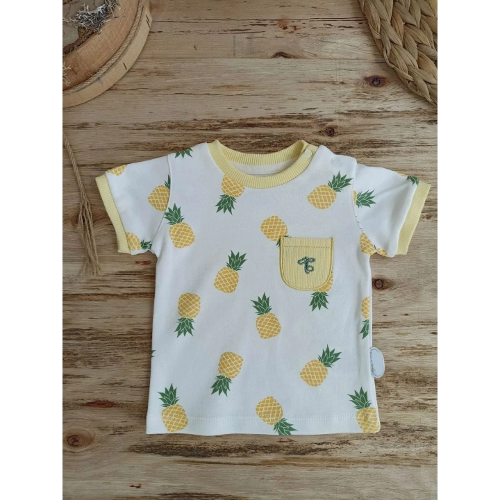 3-6 6-9 9-12 Ay Ananas Baskılı Şort Tişört 2 Li Kız Erkek Bebek Takımı Sarı