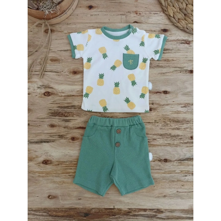 3-6 6-9 9-12 Ay Ananas Baskılı Şort Tişört 2 Li Kız Erkek Bebek Takımı Yeşil